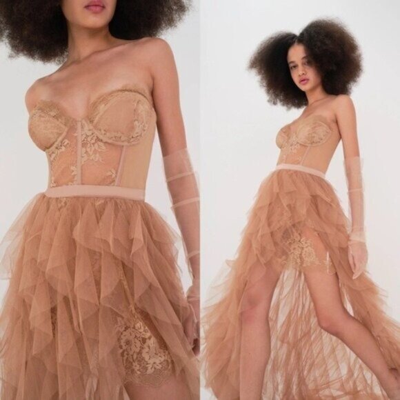 NWT For Love & Lemons x REVOLVE Bustier Gown XL Warm Taupe Ruffle Tulle Lace - Picture 2 of 14